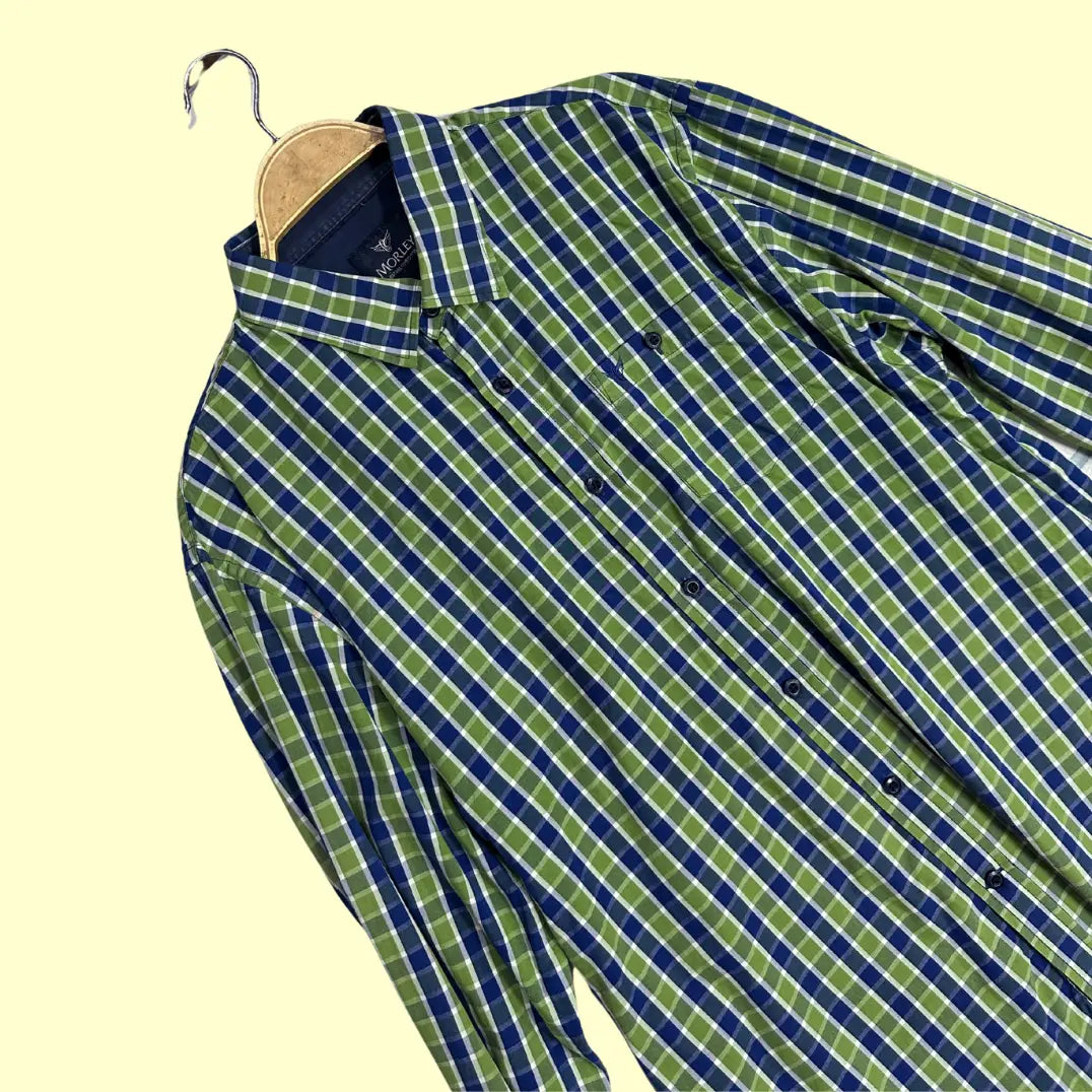 🟩 Morley Tailored Fit Checkered Long Sleeve Shirt – Green & Blue