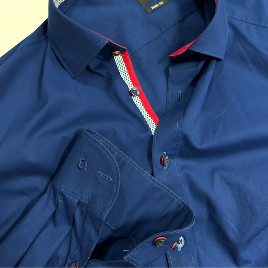 🔵 OLYMP Men’s Navy Blue Casual Dress Shirt – Button-Up