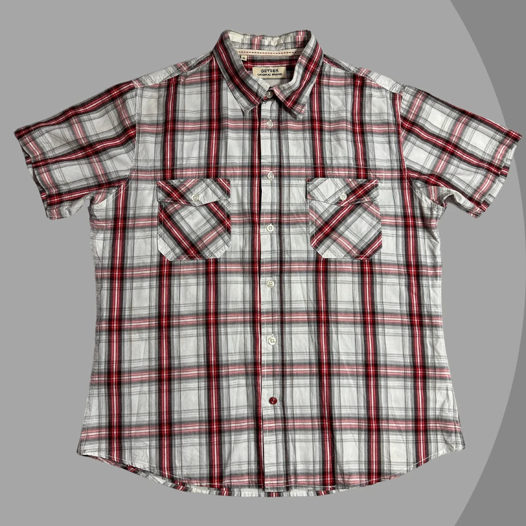 GEYSER ® Casual short sleeve checkered shirt with a bold red grey and white pattern|CHEST 23