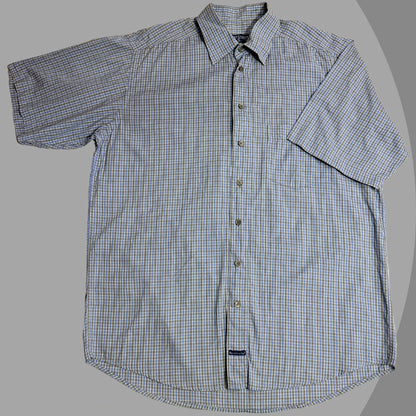 Smart casual short sleeve checkered shirt with a soft blue and beige tone|CHEST 25