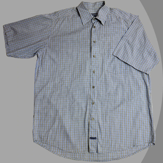Smart casual short sleeve checkered shirt with a soft blue and beige tone|CHEST 25