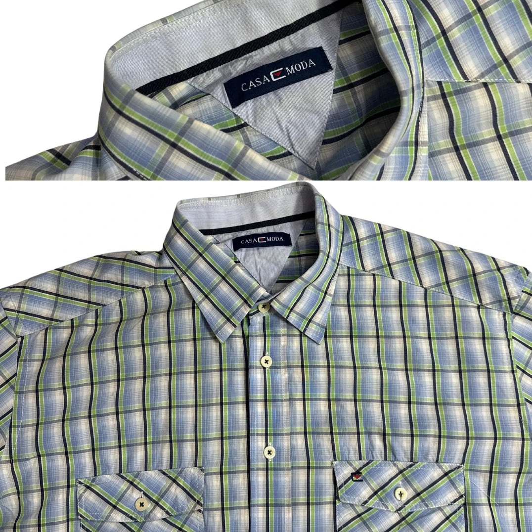 Casa Moda Green & Blue Check Short Sleeve Button-Down Shirt 👕|CHEST 25.5