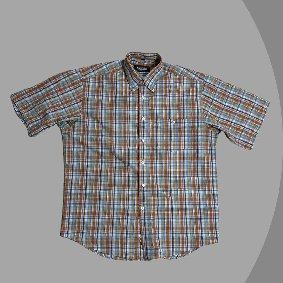 VUNIC Men’s Multicolor Checkered Short Sleeve Button-Down Shirt|CHEST 24