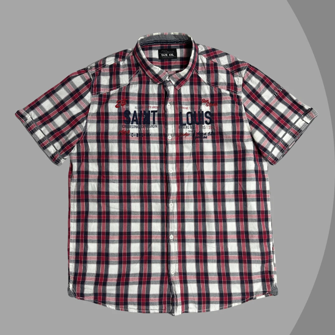 Jean Pascale Men’s Red & Grey Checkered Short Sleeve Button-Down Shirt XXL|CHEST 24