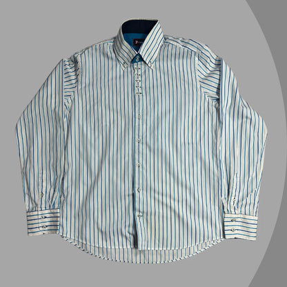 7camicie White & Blue Pinstripe Slim Fit Button-Down Shirt 👔|CHEST 22.5