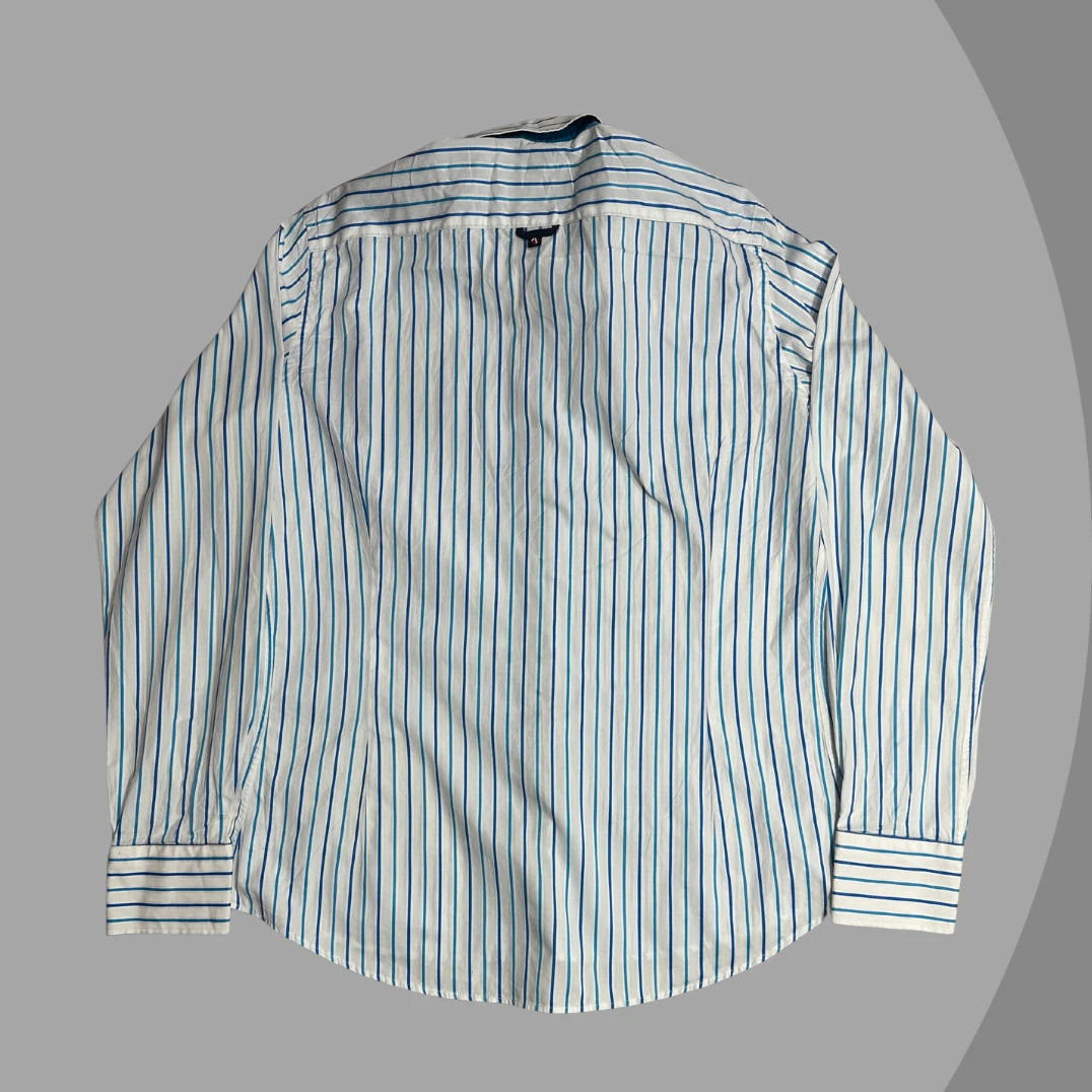 7camicie White & Blue Pinstripe Slim Fit Button-Down Shirt 👔|CHEST 22.5