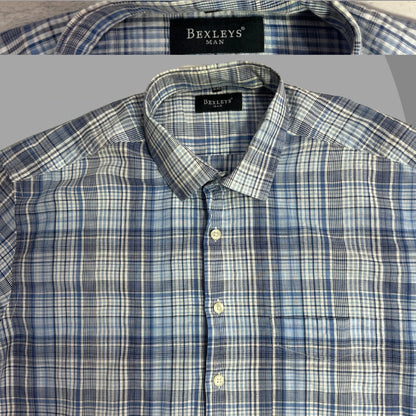 Bexleys Man Blue & White Checked Short Sleeve Button-Down Shirt 👕💙|CHEST 24