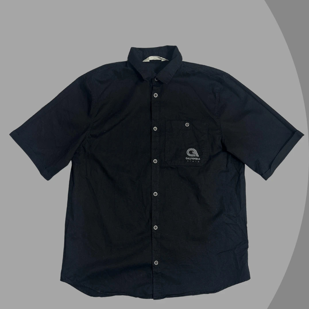 H&M Black Short Sleeve Button-Down Shirt with California State Logo|CHEST 19