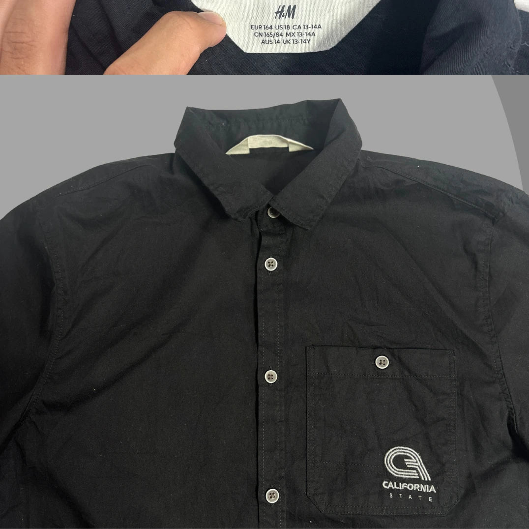H&M Black Short Sleeve Button-Down Shirt with California State Logo|CHEST 19