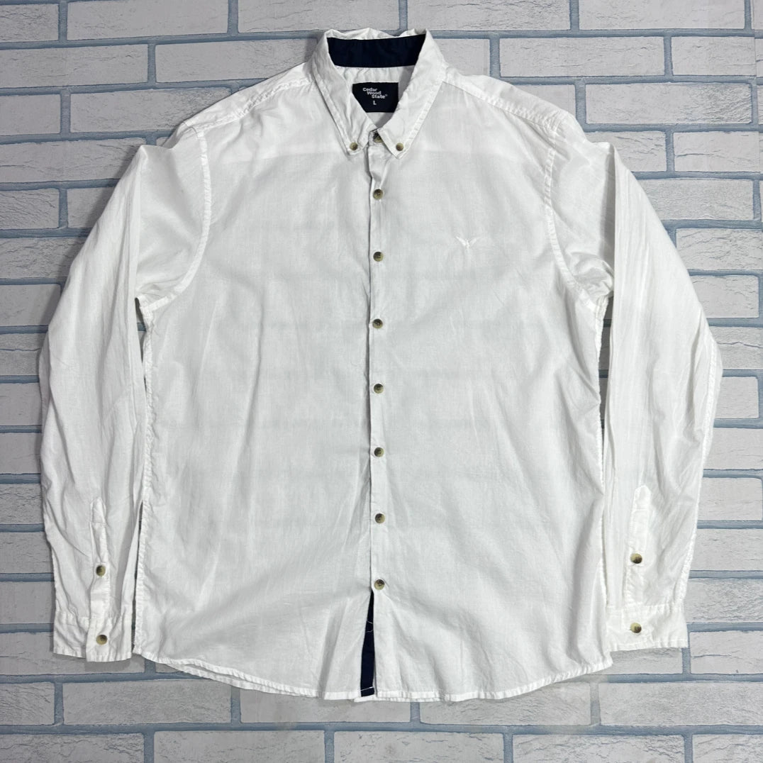 Cedar Wood® Classic White Button-Down Casual Shirt – Large