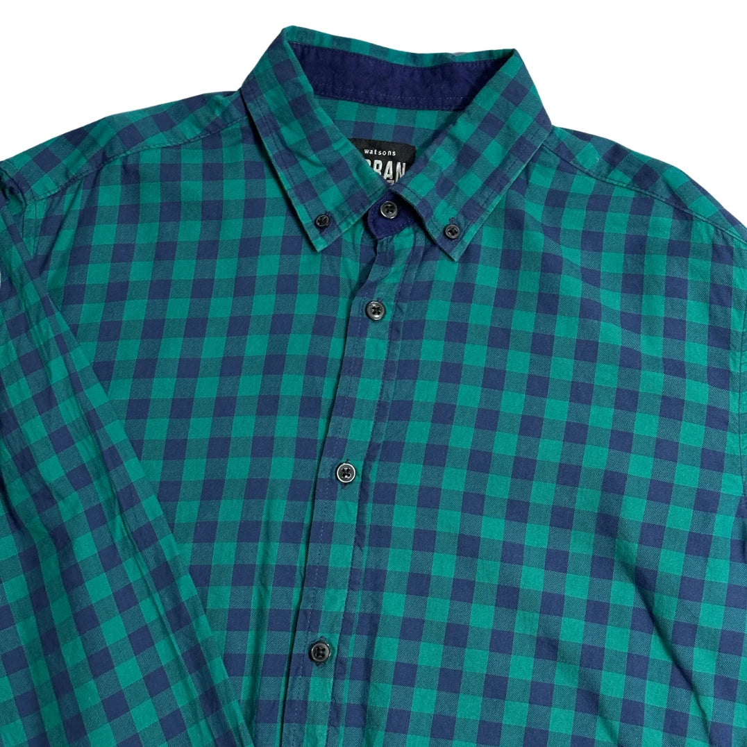 Watsons® Men’s Green & Navy Check Button Down Casual Shirt(L)