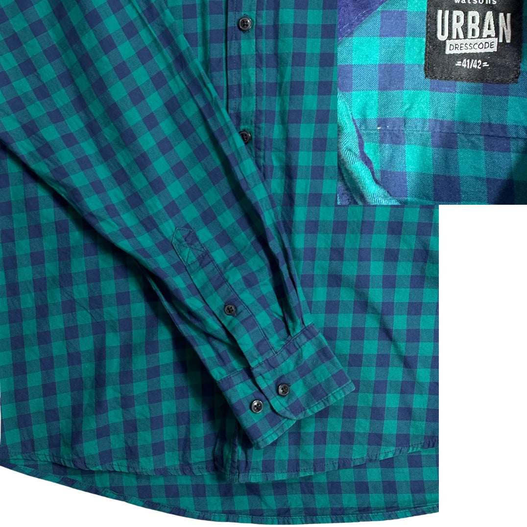 Watsons® Men’s Green & Navy Check Button Down Casual Shirt(L)