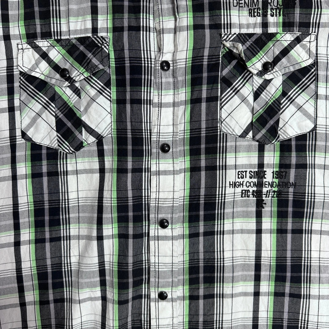 Much More® ⚡ Contrast Plaid Statement Short Sleeve Shirt(L)