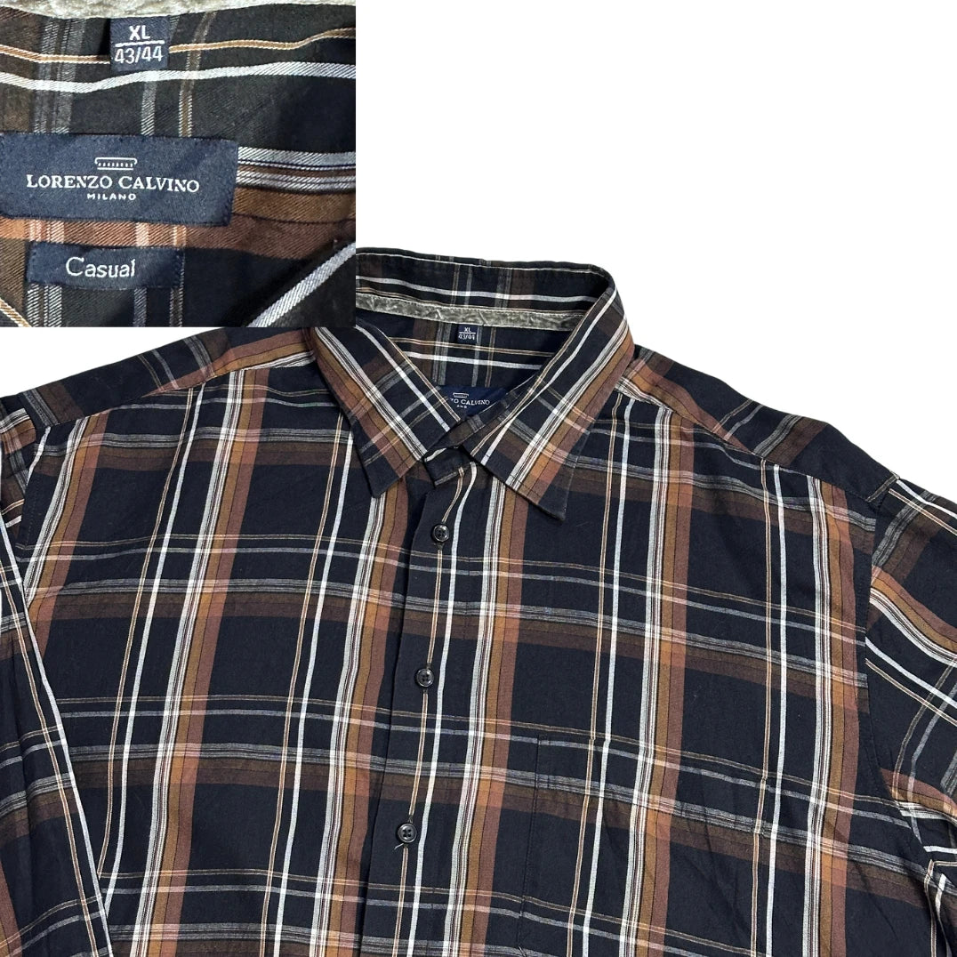 Lorenzo Calvino® Navy Brown Plaid Casual Shirt(XL)