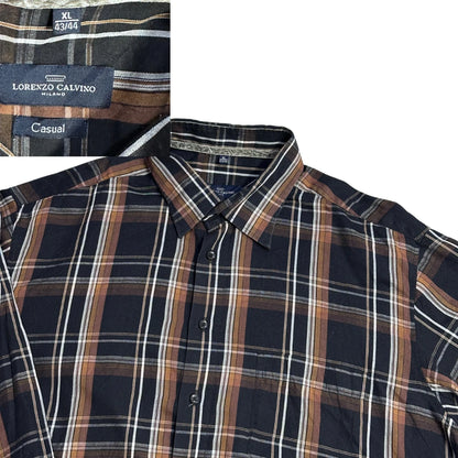 Lorenzo Calvino® Navy Brown Plaid Casual Shirt(XL)