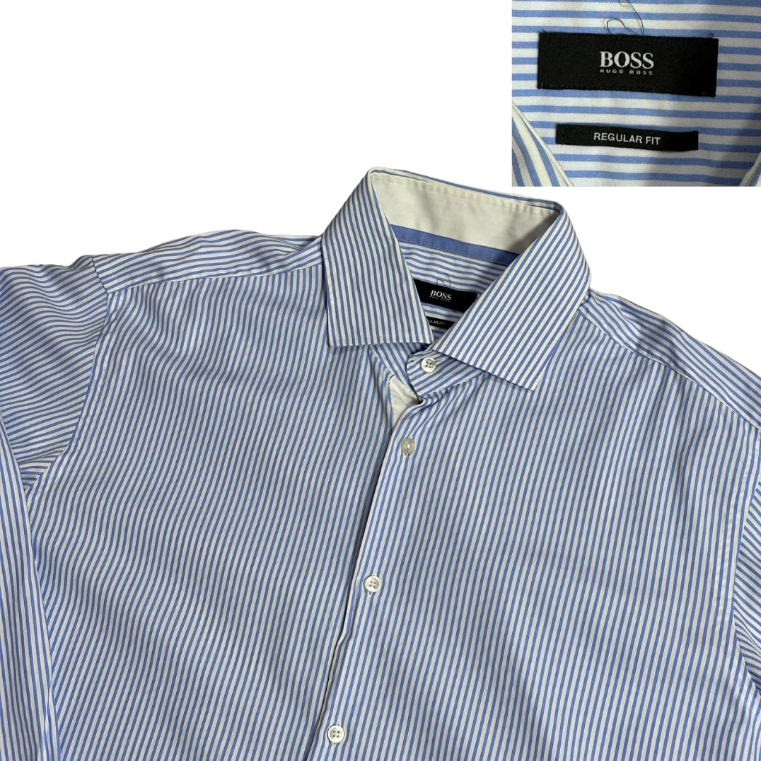 Hugo Boss® Blue White Striped Regular Fit Dress Shirt(XL)