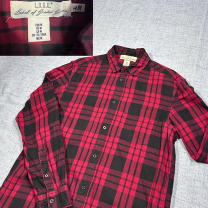 H&M LOGG® Red Black Plaid Casual Button-Up Shirt (M)_