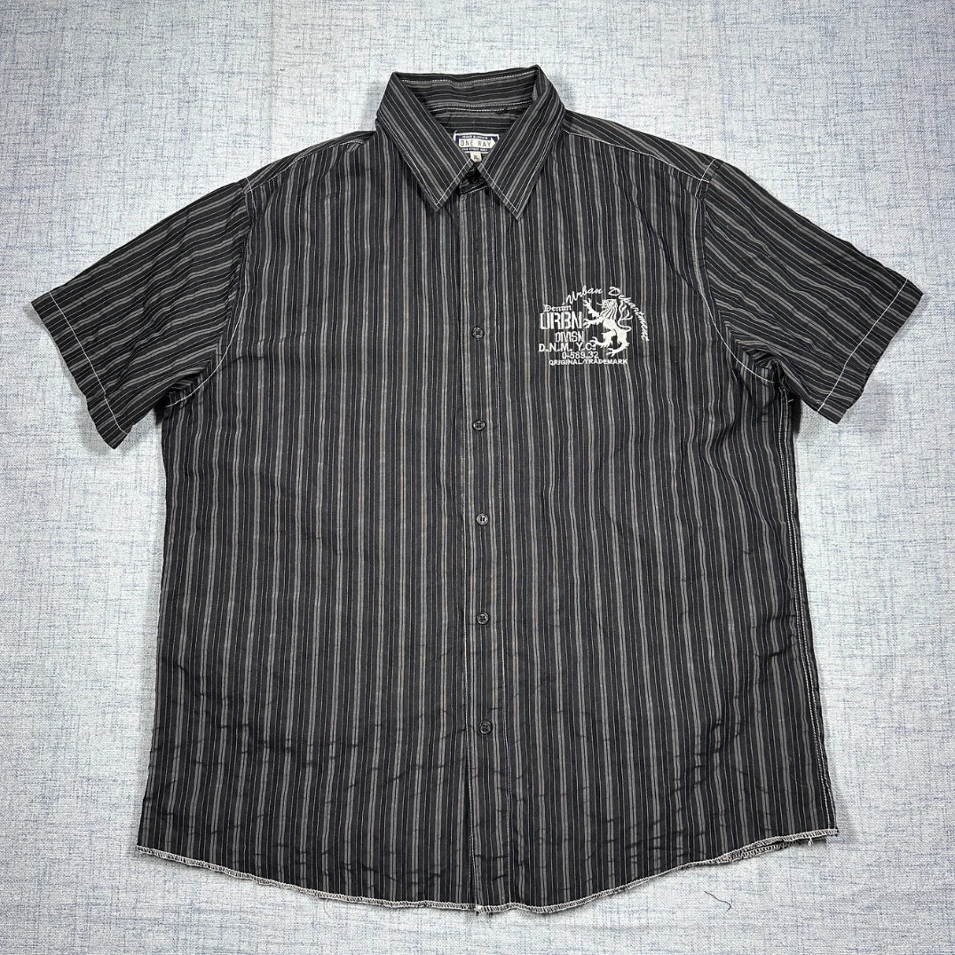 One Way® Black Striped Casual Short Sleeve Shirt (XL)