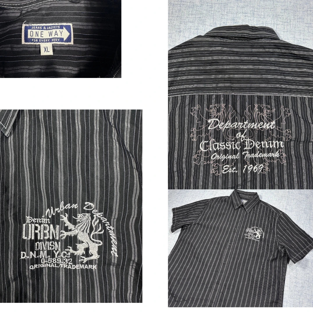 One Way® Black Striped Casual Short Sleeve Shirt (XL)