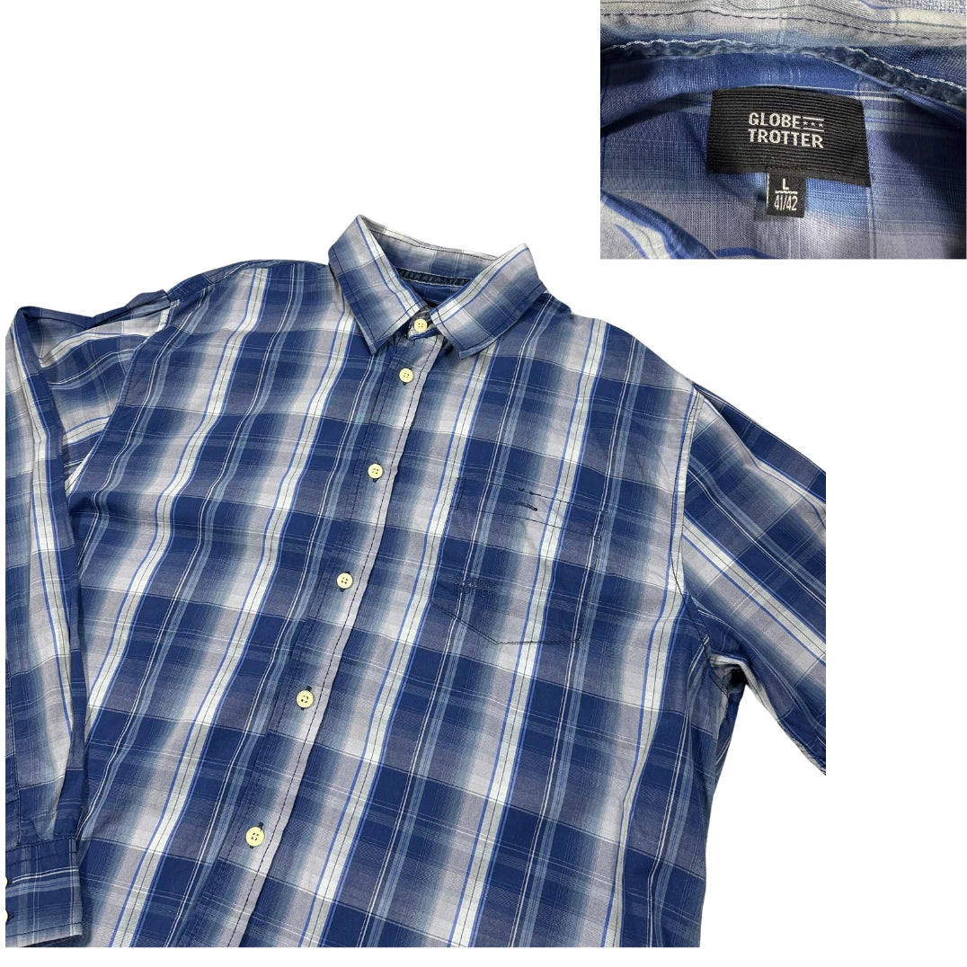 Globe Trotter® Blue Plaid Casual Button-Up Shirt(L)