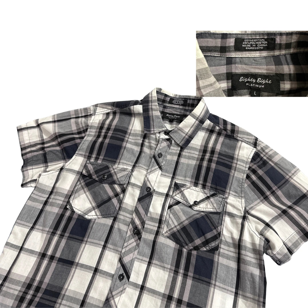 Eighty Eight® Grey Plaid Short Sleeve Shirt (L)