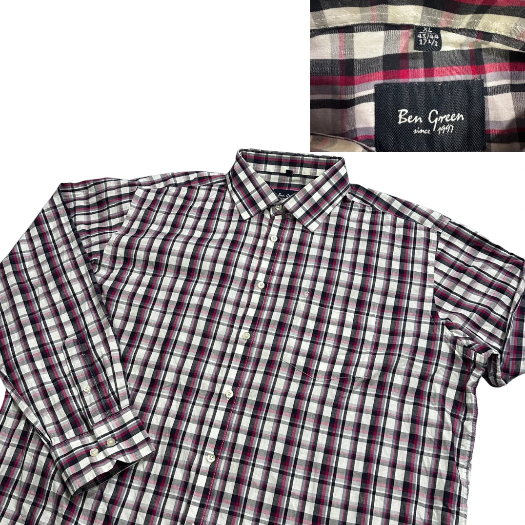 Ben Green® White Black Pink Plaid Shirt (XL)