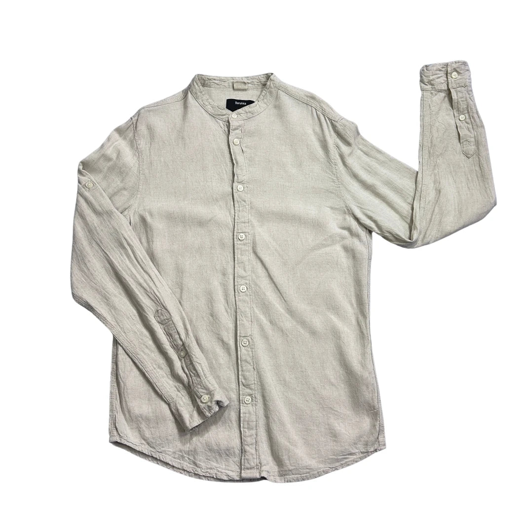 Bershka® Light Beige Band Collar Linen Blend Shirt(S)