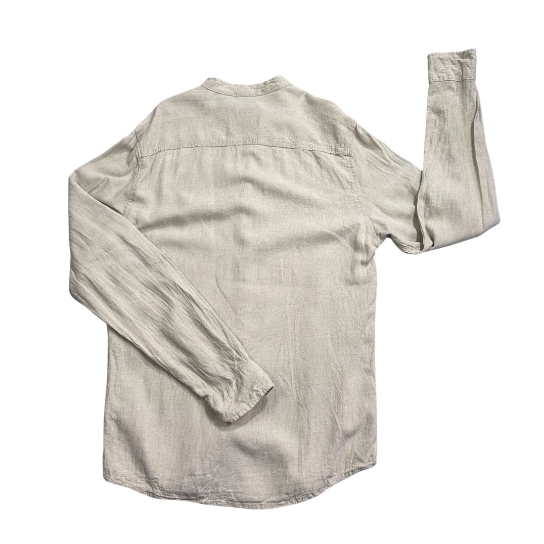 Bershka® Light Beige Band Collar Linen Blend Shirt(S)