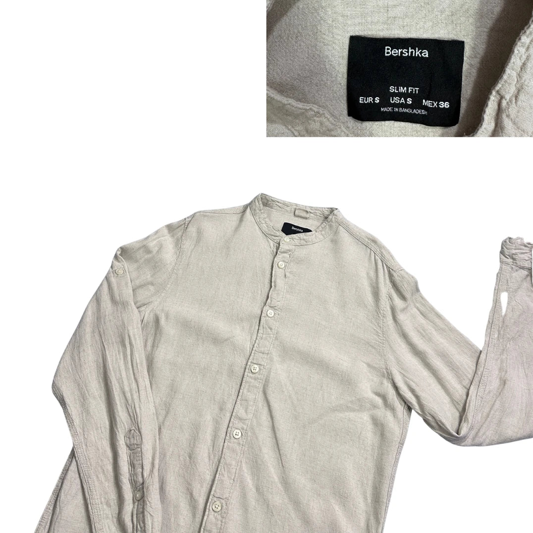 Bershka® Light Beige Band Collar Linen Blend Shirt(S)