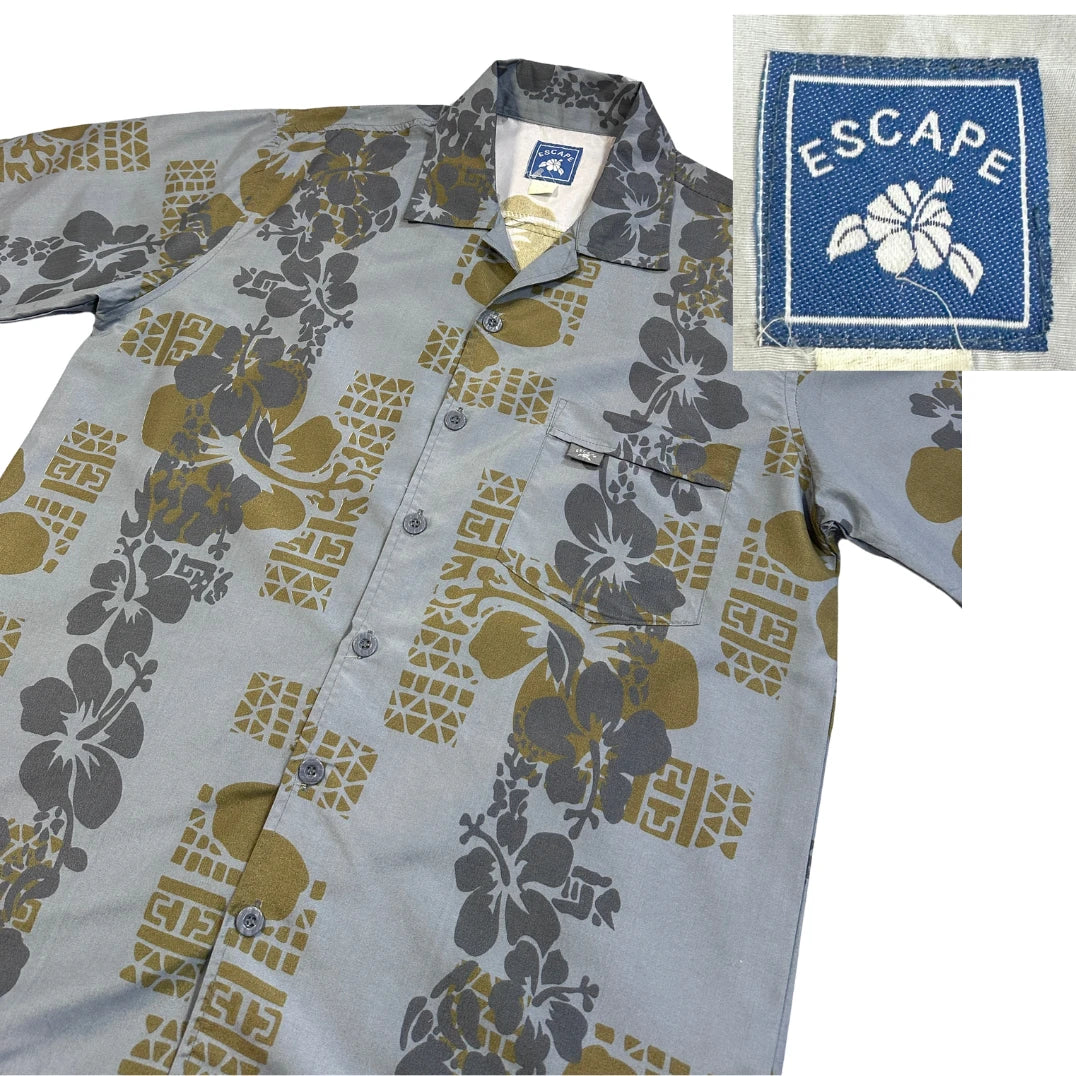 Escape® Grey Floral Hawaiian Short Sleeve Shirt(L)