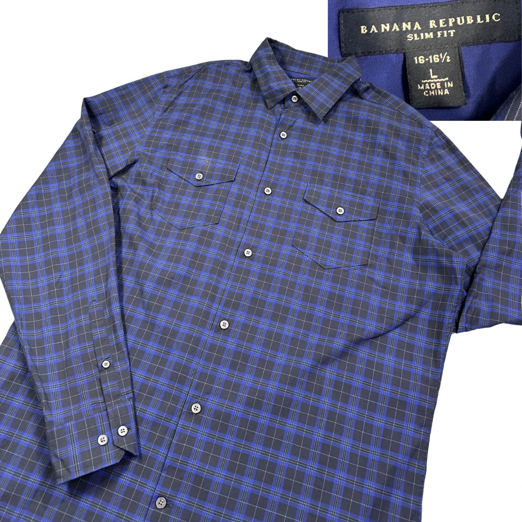 Banana Republic® Blue Plaid Slim Fit Shirt(L)