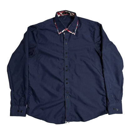 Navy Blue Button Down Shirt with Contrast Check Collar 💙
