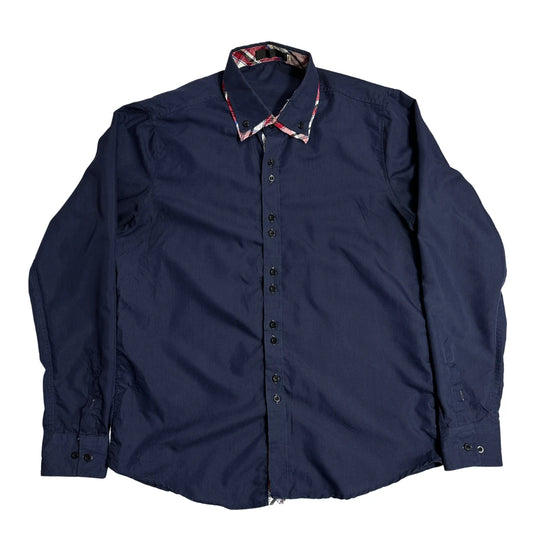 Navy Blue Button Down Shirt with Contrast Check Collar 💙