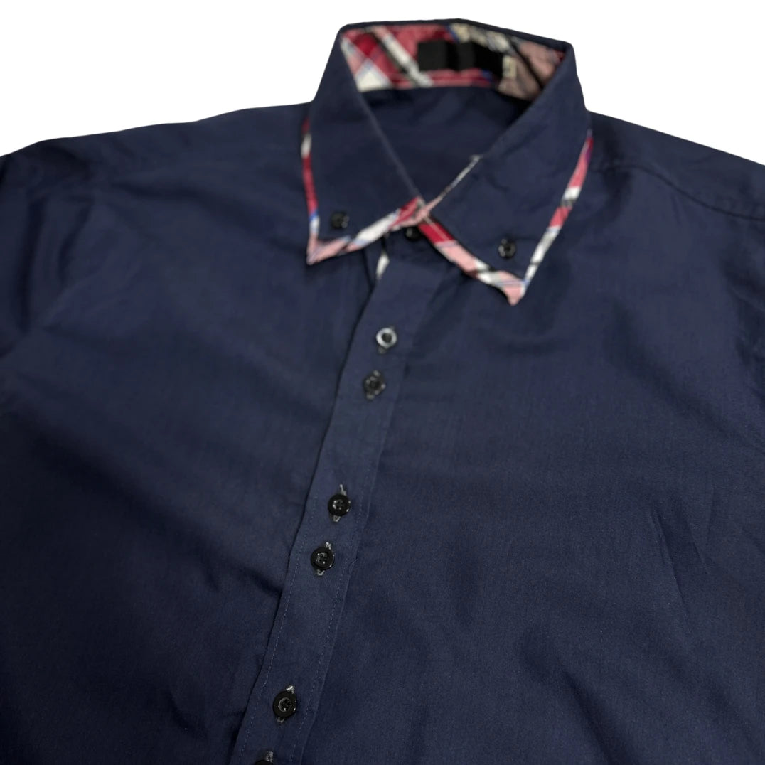 Navy Blue Button Down Shirt with Contrast Check Collar 💙