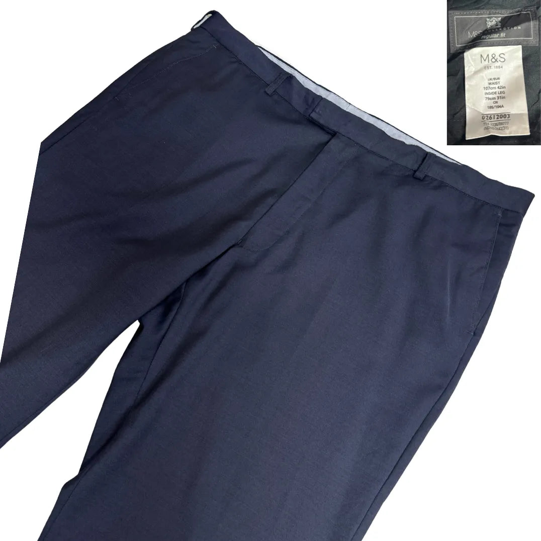 M&S Navy Blue Regular Fit Formal Trousers ✨