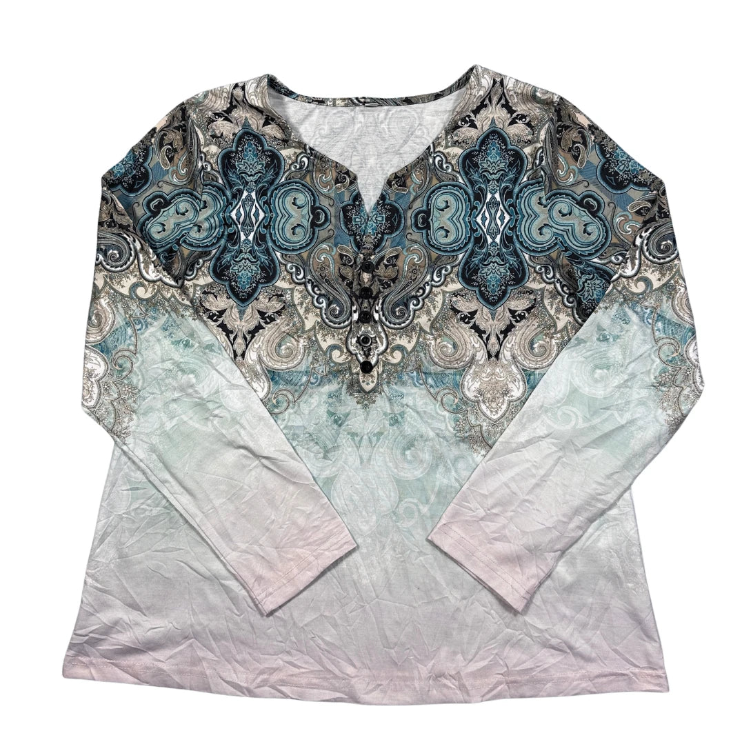 Teal Paisley Ombre Henley Top-M