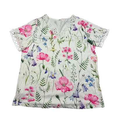 White Floral Lace Trim V Neck T Shirt-2XL
