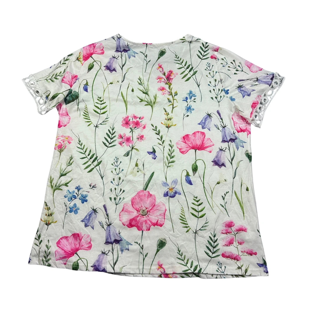 White Floral Lace Trim V Neck T Shirt-2XL