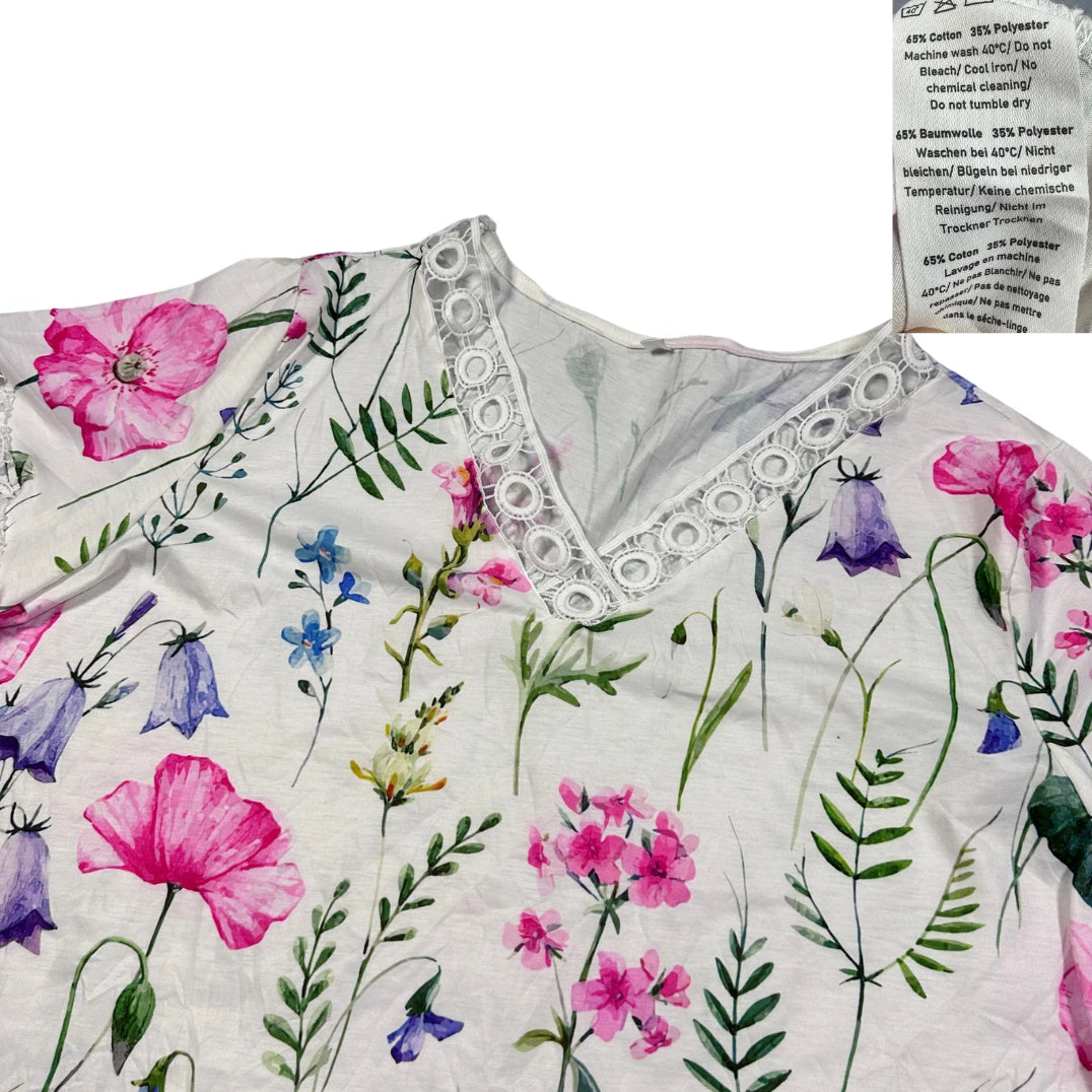 White Floral Lace Trim V Neck T Shirt-2XL
