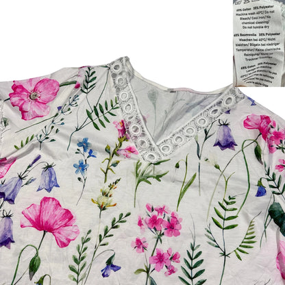 White Floral Lace Trim V Neck T Shirt-2XL