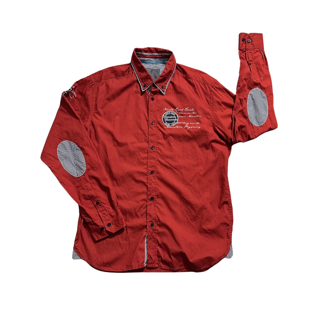 Jeans Carrier® Brick Red Embroidered Casual Button-Up Shirt(XL)